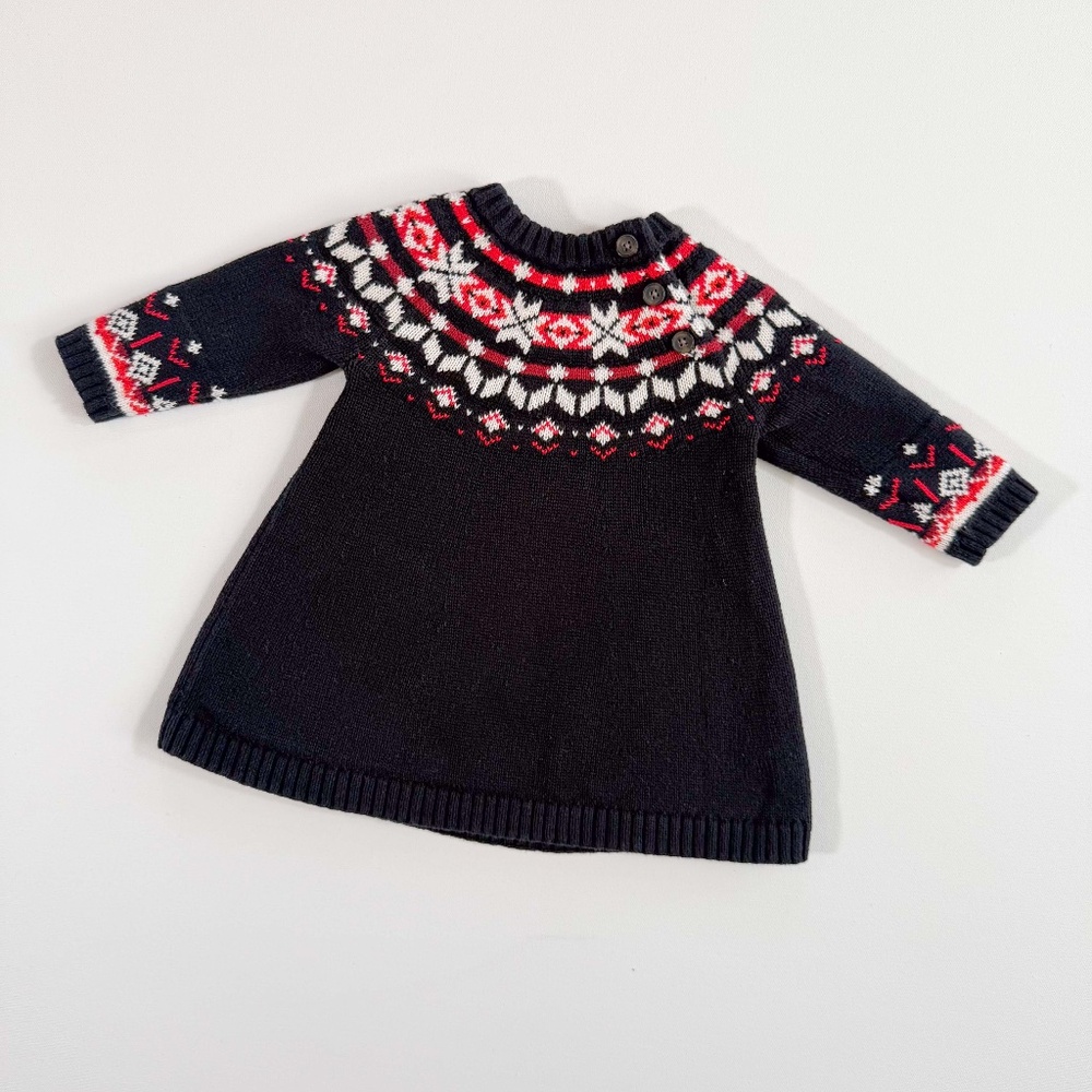 Hanna Andersson Snö Happy Holiday Black & Red Fair Isle Sweater Dress 3-6 Mos
